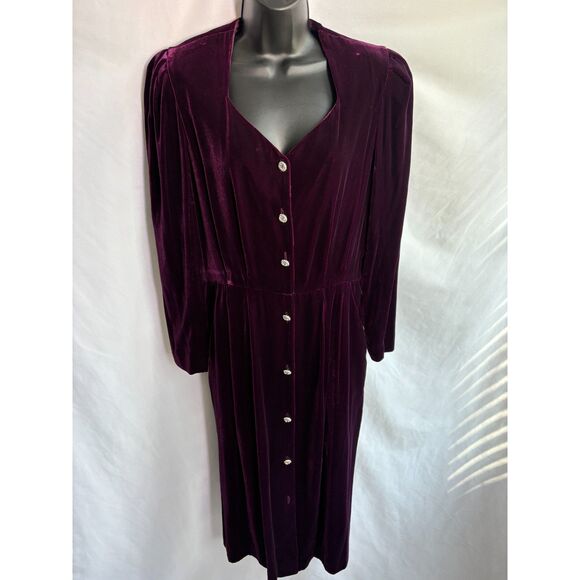 Vintage Liz Claiborne Purple Velvet Midi Dress Rhinestone Button 10s Retro Size - Picture 1 of 11